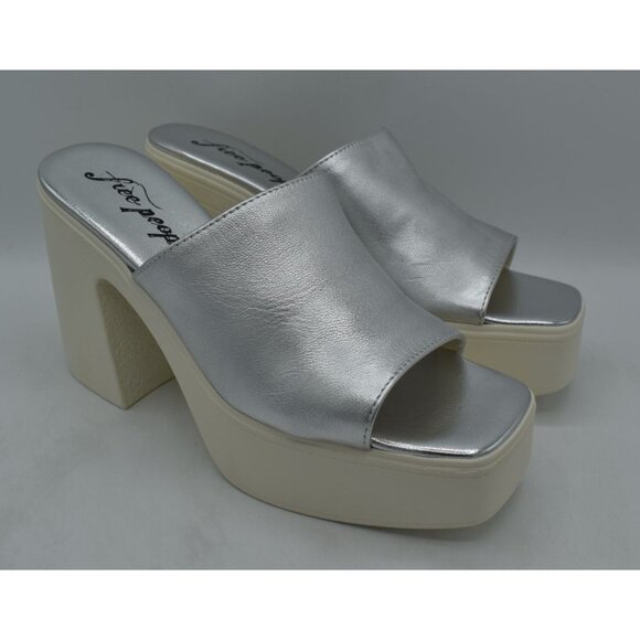 Free People EU 39.5 US 9 Zoe Platform Silver Metallic Leather Slide Sandal Shoes - Picture 4 of 13